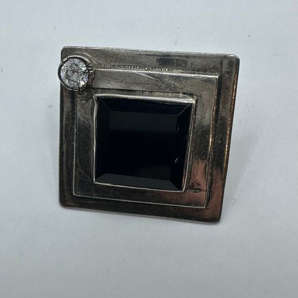 Single Pierced Earring Silver Black Onyx Cubic Zirconia Square Boho - Picture 6 of 7